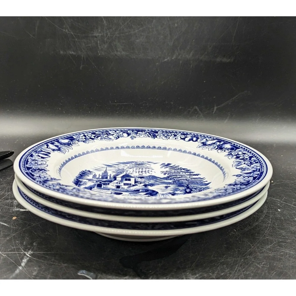 Italian Porcelain Blue & White Transfer Rim Soup Bowls Village Scene Set/3 Italy